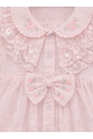 Kardeşler Bebe Dantel Detaylı Fiyonklu Kız Bebek Takım 3 Parça Yazlık Pamuklu Elbise Şort & Bandana Pembe