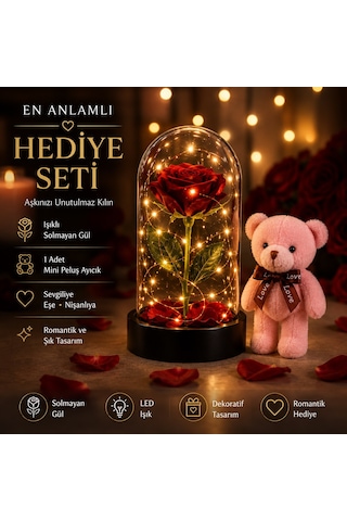 Led Işıklı Mika Fanus Solmayan Yapay Kırmızı Gül & 1 Mini Peluş Ayıcık Sevgiliye Romantik Hediye Set Hediyelik Eşya