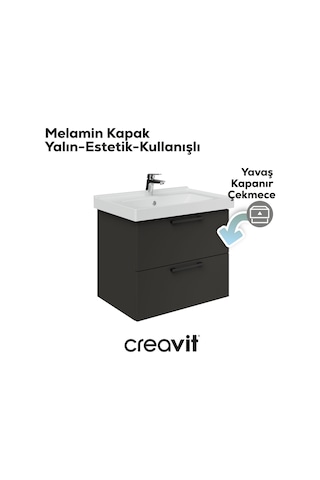Creavit D20 65 Cm İki Çelmeceli Lavabo Dolabı Antrasit Melamin Antrasit