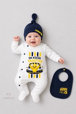Babyden's Sarı Lacivert Taraftar Temalı 3'lü Bebek Tulum Seti %100 Pamuk En Küçük Taraftar Baskılı Yenidoğan Bebek Tulum Seti