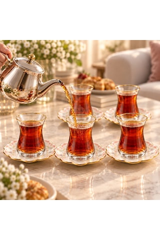 6 Kişilik Çiçek Desenli Gold Detaylı Cam Çay Takımı Şeffaf