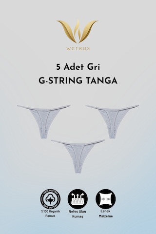 Wcreas Kadın İpli Tanga, Pamuklu Yumuşak Kumaş G-string Tanga 5'li Paket Gri Gri