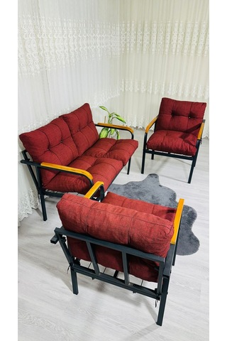 Madame Home Kalanşo Balkon, Bahçe,teras,cafe - Salon - Metal Kanepe Koltuk Takımı Çay Seti 2+1+1 Bordo