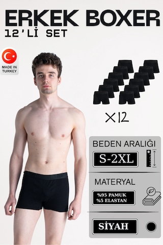 Mercan 12'li Erkek Siyah Boxer - Gün Boyu Nefes Alan Kumaş, Esneklik