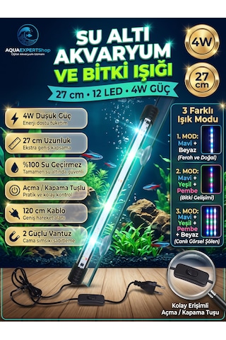 Akvaryum Işığı - Balık Işığı - Bitki Işığı - 27 Cm - 12 Led - Tamamen Su İçinde Kullanılabilir - 3 Modlu - 4w - Mükemmel Işık