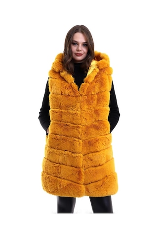 Novalisse Kadın Kapüşonlu Peluş Kürk Yelek Premium Kalite Tam Astarlı Uzun Model - Sarı Çoklu Renk