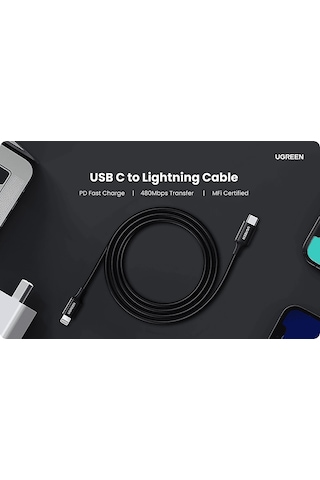 Ugreen Lightning To Usb-c 3a Pd Mfi Sertifikalı Hızlı Şarj Kablosu 1 M Siyah