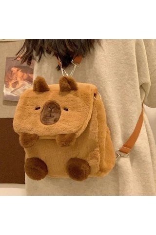 "kapı Bara Peluş Sevimli" Omuz Çantası-kahverengi- Kapybara Okul Çantası Kahverengi Kapbara Okul Çantası Kahverengi