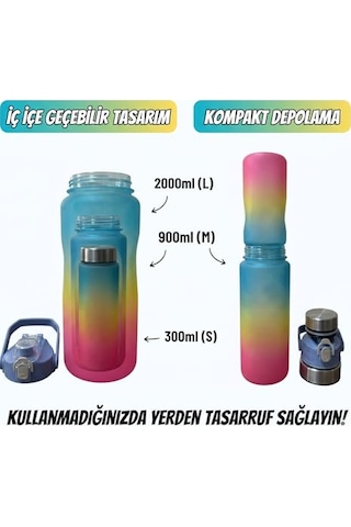 3'lü Motivasyonel Matara Seti, İç İçe Geçebilir Tasarım, 2000ml, 900ml Ve 300ml, Gradyan Renk Seçenekleri, Sticker Ve Pipet Hediyeli Gece Yarısı 0
