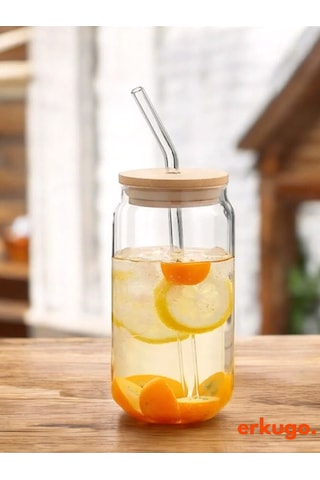 Bambu Kapaklı Pipetli Borosilikat Sunum Bardağı, Kahve Bardağı, Isı Dayanıklı Bardak 600 Ml Coollime