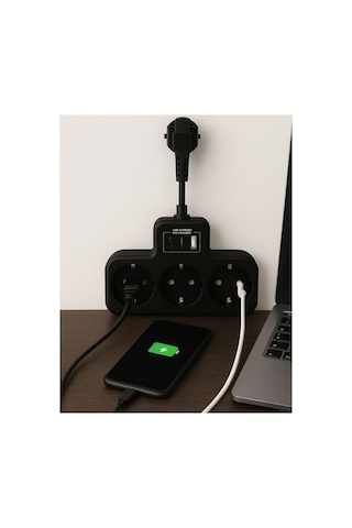 Yüksek Voltaj Korumalı Priz, Duvar Tipi Kısa Kablolu Priz Çoğaltıcı, 3x Soket, 2x Type-c, 1x Usb, 16a, 3680w, 105 Standart