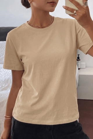 Genıus Store Kadın Tişört Gri Bisiklet Yaka Basic Tişört %100 Pamuk Rahat Kalıp T-shirt Basıc-kadın Bej