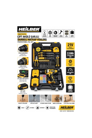 Heilber Ba0115370 Çift Akülü Şarjlı Darbeli Matkap Vidalama Led Şarj Göstergeli, Tork Ayarlı, Anahtarsız M