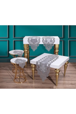 Fransız Güpürlü Kadife Midye Salon Takımı 5 Parça Gri Gri