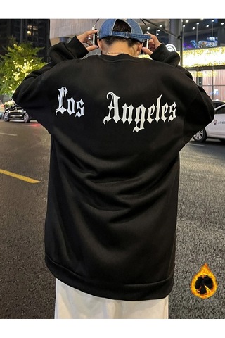 Unisex Oversize Los Angeles Baskılı Bisiklet Yaka Sweatshirt Siyah
