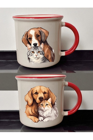 Kedi Ve Köpek 2li Ağzı Kırmızı Kupa - Kız Çocuğuna Hediye, Babaya Hediye Fikirleri, Kutu Hediye Ürün Beyaz