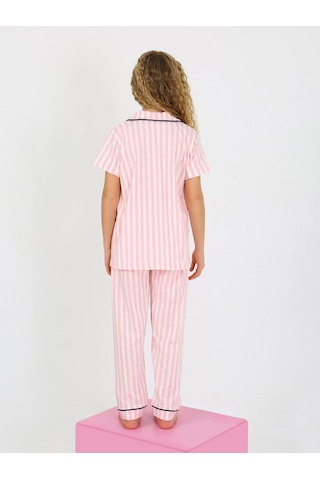 Kız Çocuk Kısa Kollu Düğmeli %100 Pamuklu Pijama Takımı Pinky Pembe