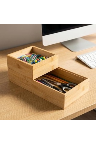 Deconox 2'li Çok Amaçlı Bambu Organizer Set - Büyük Ve Küçük Boy Banyo, Mutfak Ve Ofis Düzenleyici Kutu - Ahşap Dekoratif Saklama Seti 33x16x12 Cm & 15x15x6 Cm