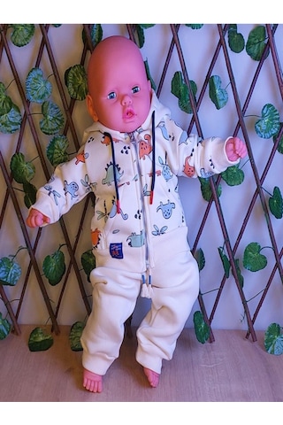 Erkek Çocuk Bebek Dinazor Desenli Kapşünlu Ve Fermuarlı 2 Li Takım-642 Krem