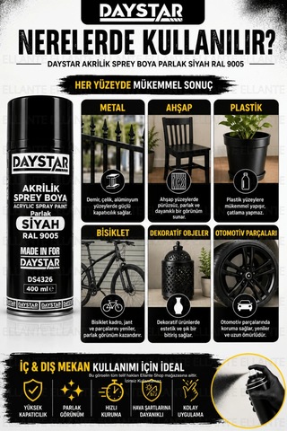 Parlak Siyah Akrilik Sprey Boya Ral 9005 400 Ml Hızlı Kuruyan Yüksek Kapatıcılı Metal Ahşap Plastik Çok Renkli