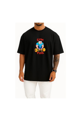 Bahriyeli Collection Oversize Adventure Time Gym Fitness Göğüs Baskılı Unisex T-shirt Siyah