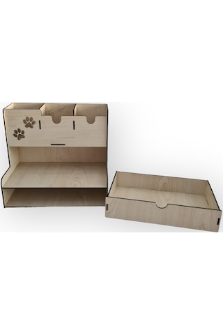 Ahşap Masaüstü 3 Bölmeli, Çekmeceli Kalemlik Masaüstü Organizer