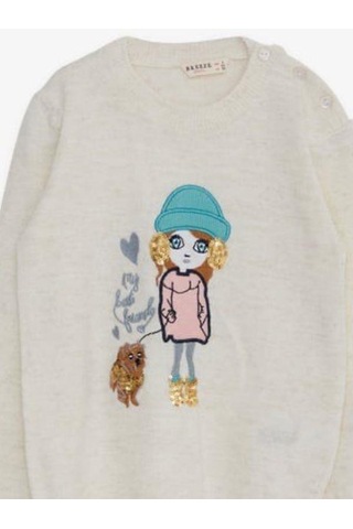 Kız Çocuk Pul Süslemeli Triko Bisiklet Kazak-15193 Krem