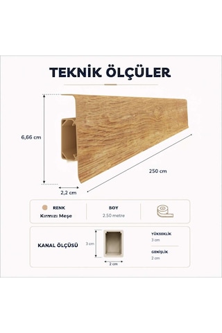 Esquero Kablo Kanallı PVC Süpürgelik 250 cm, Açılabilir Kapaklı, Kırmızı Meşe, ESQ608