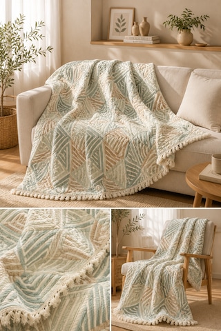Geometrik %100 Pamuklu Müslin Yatak Örtüsü Pike , Premium Püsküllü Çift Taraflı 220x240 Mint-yeşil