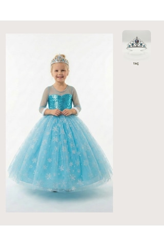 Butikhappykids Frozen Elsa Kostümü Uzun Kollu Kız Çocuk Prenses Elbisesi + Taç Mavi