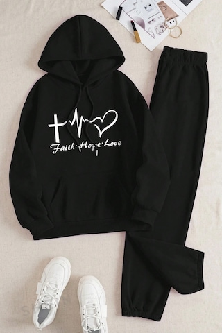 Nabız Kalp Baskılı Eşofman Takımı Siyah