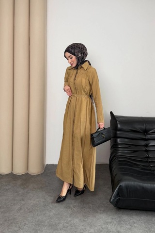 Mihran Butik Quenn Model Coupra Model Kumaş Kemer Detaylı Elbise Hardal