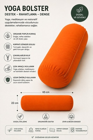 Yoga Bolster Organik Poplin Kumaş Kırpıntı Sünger Dolgulu Meditasyon Yastığı Pilates Destek Minderi 65x22 Cm Turuncu