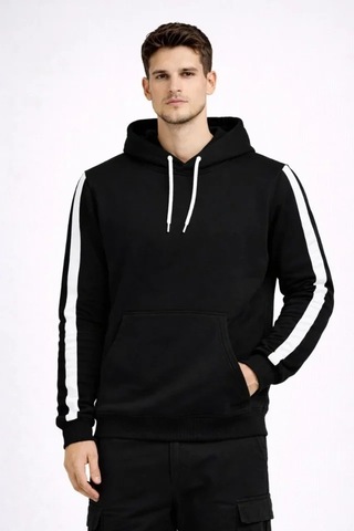Defymoda Erkek Şeritli Kapüşonlu Sweatshirt Oversize 3 Iplik Pamuklu - Siyah Siyah