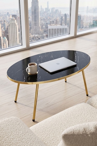 Bezos Gold Ayak Oval Orta Sehpa Bendir Siyah Ob