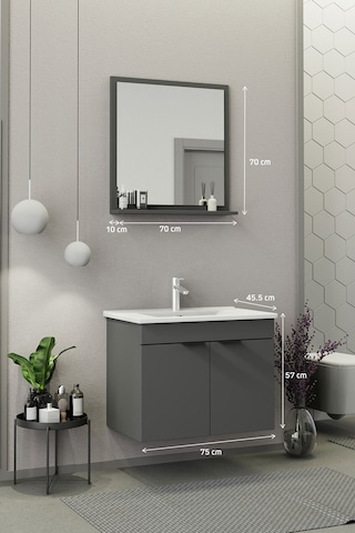 Biani Fix Arya 75 Cm Banyo Dolabı,Seramik Lavabolu, Aynalı,Lavabo Dahil,Mdf,Mat Gri