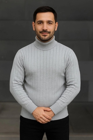 Erkek Balıkcı Yaka Bağazlı Triko Kazak Pamuklu Kalın Fitilli Dokuma, Regular Fit Uzun Kollu Kışlık Model - Gri Gri