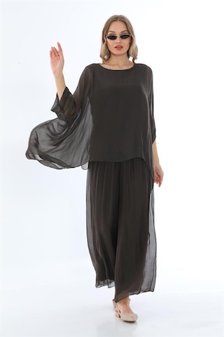 Bohem Stil İtalyan Yarasa Kol İpek Bluz & Pantolon Takım-8767 Kahverengi