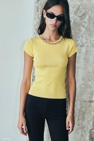 Sateen Kolyeli Kısa Kol Triko - Sarı-137950
