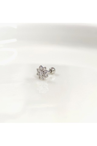 Yıldız Çiçek Gümüş Tragus Pıercıng - Rodyum Beyaz Beyaz