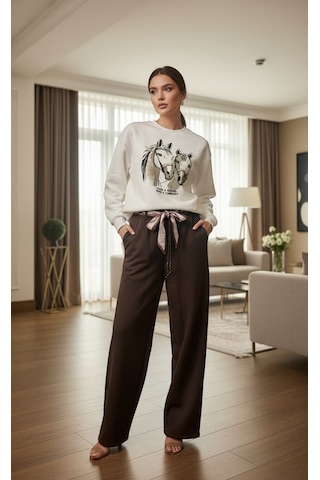 Kadın Eşofman Takım Krem At Figürlü Sweatshirt Ve Kuşaklı Kahverengi Palazzo Kışlık Lüks 2li Beyaz - Kahverengi