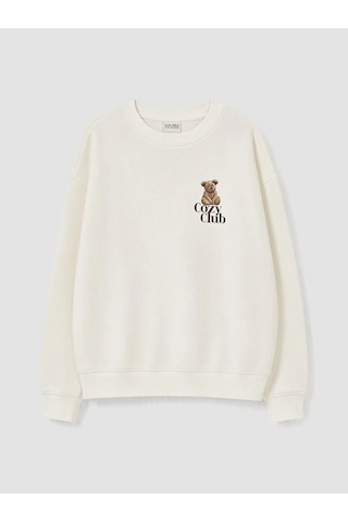 LC Waikiki Lcw Kids Ekru Baskılı Kız Çocuk Kalın Sweatshirt