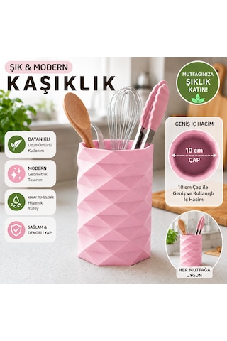 Geometrik Tasarımlı Mutfak Kaşıklığı Organizeri 10 Cm Çap Geniş İç Hacimli Tezgah Üstü Kaşıklık Açık Pembe