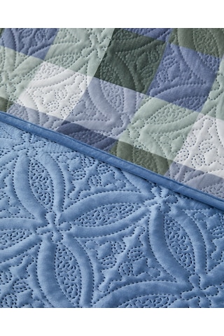 Ornate Check Çift Taraflı Kadife Çift Kişilik Yatak Örtüsü Takımı Koyu Mavi Koyu Mavi