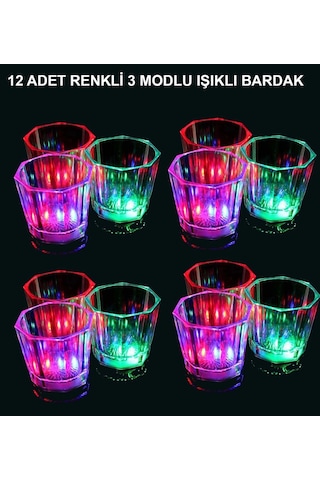 Mey İthalat Led Işıklı Eğlence Bardakları - 3 Modlu Renk Değiştiren Bardak 12 Adet