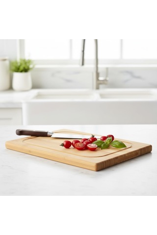 Dikdörtgen Bambu Kesme Tahtası 34x24 Cm Antibakteriyel, Oluklu Ve Kulplu Doğrama Tahtası