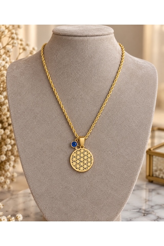 Gold Renk Yaşam Çiçeği Kolye Nazar Boncuklu Geometrik Madalyon Kadın Kolye