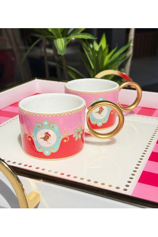 2'li Lüks Piano Bird Pink Soho Kupa-4525 Kırmızı