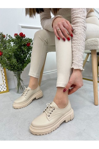 Erva'nın Butiği Bej Cilt College Kadın Bağcıklı Loafer-4094