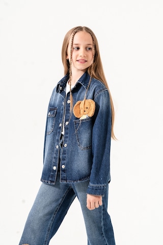 Kız Çocuk Köpek Nakışlı Kot Gömlek 3137 Mavi